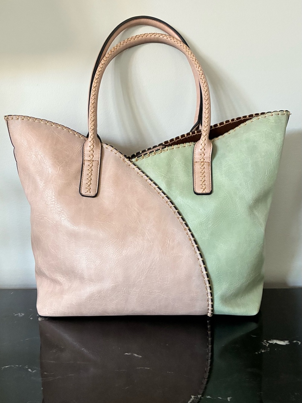 Two-Tone Pastel Tote Bag - Pink & Mint